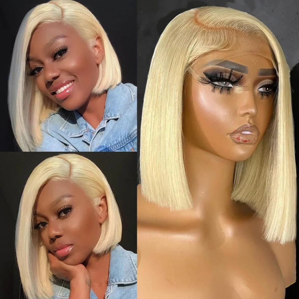 Unisex 613 Blonde Bob Lace Front Wig Human Hair 13X4 Hd Pre Plucked 200% Density Glueless 10 Inch