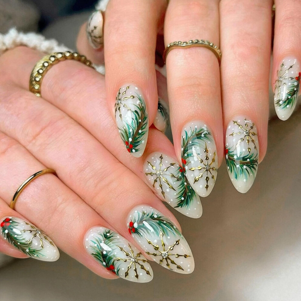White,Gold Press On Nails White Winter Gold Snowflake Medium Stiletto Acrylic False Nails Glossy 24Pcs