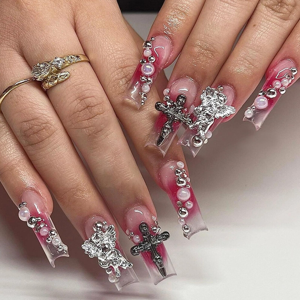 Red Long Square Ombre Goth Press On Nails With Acrylic Charms, 24Pcs Fake Nails With Glue