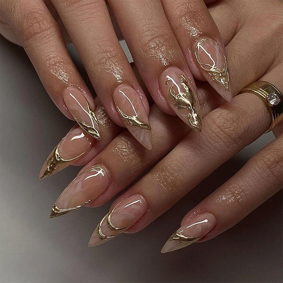 Medium Length Glitter Press On Nails 24pcs Acrylic False Nails with Adhesive and Glossy Finish