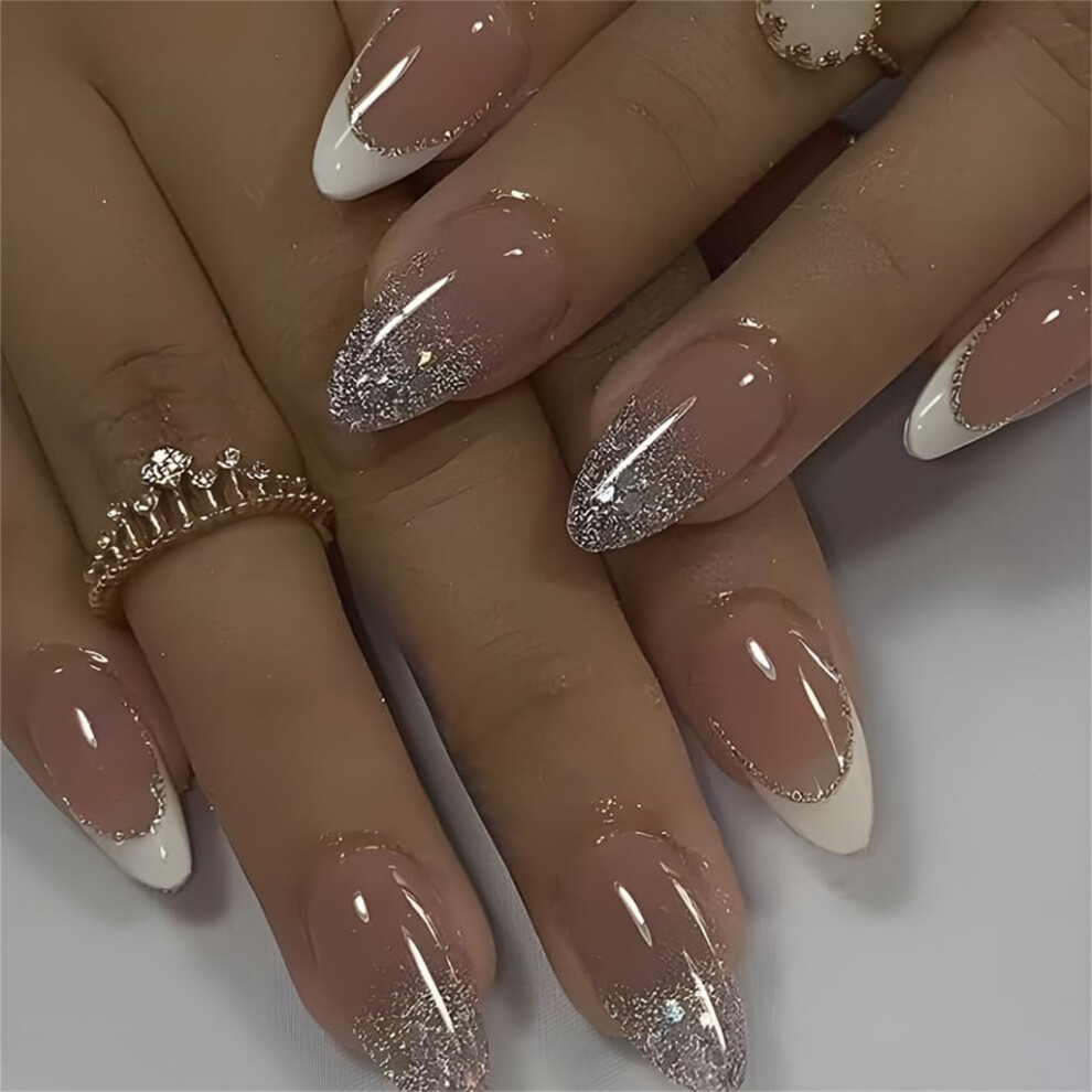 White Medium Length Press On Nails With Glitter Accent French Tip For Elegant Quick Manicure