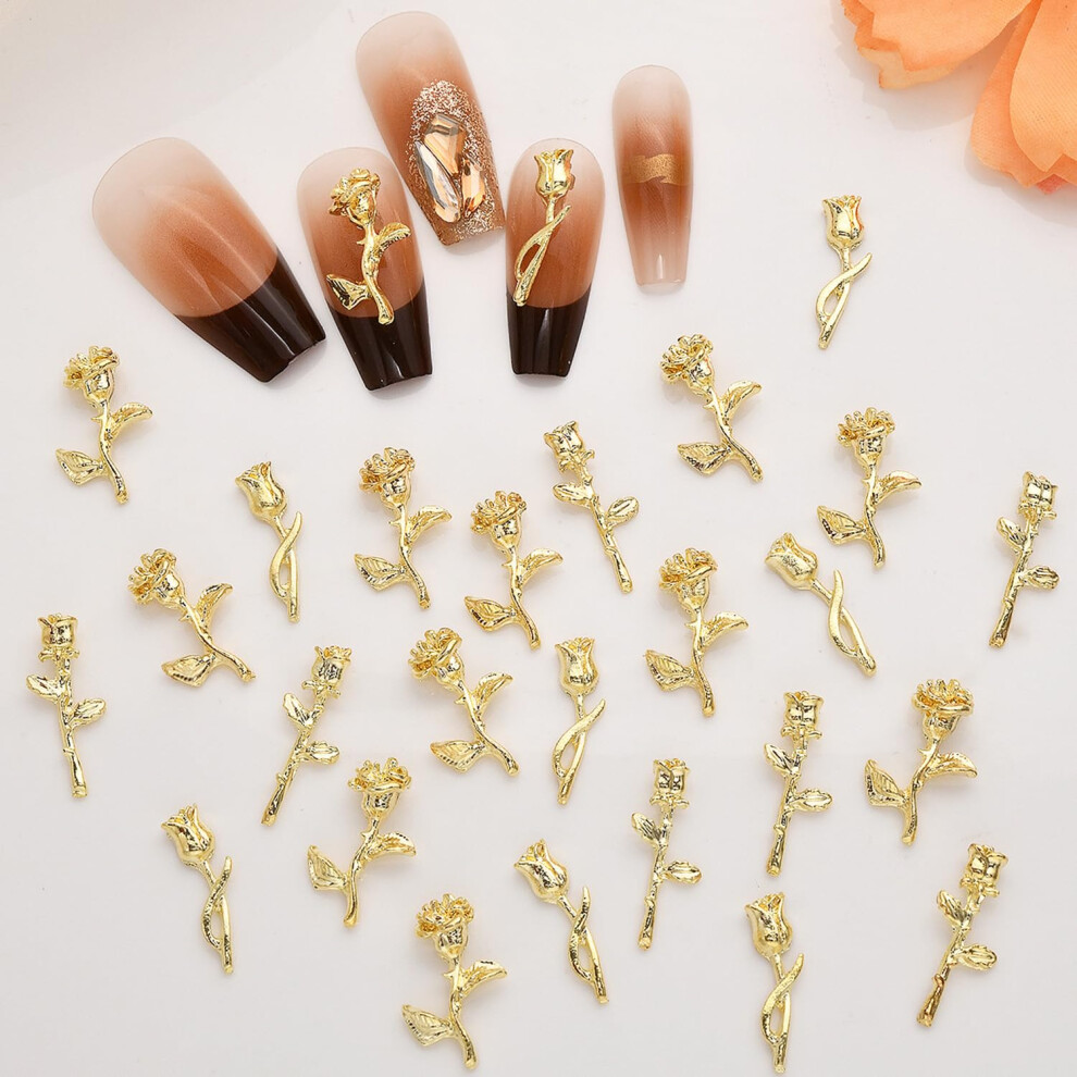 20Pcs 3D Nail Charms Gold Flower Rose Tulip Decorations for Acrylic Nails Valentine's Day