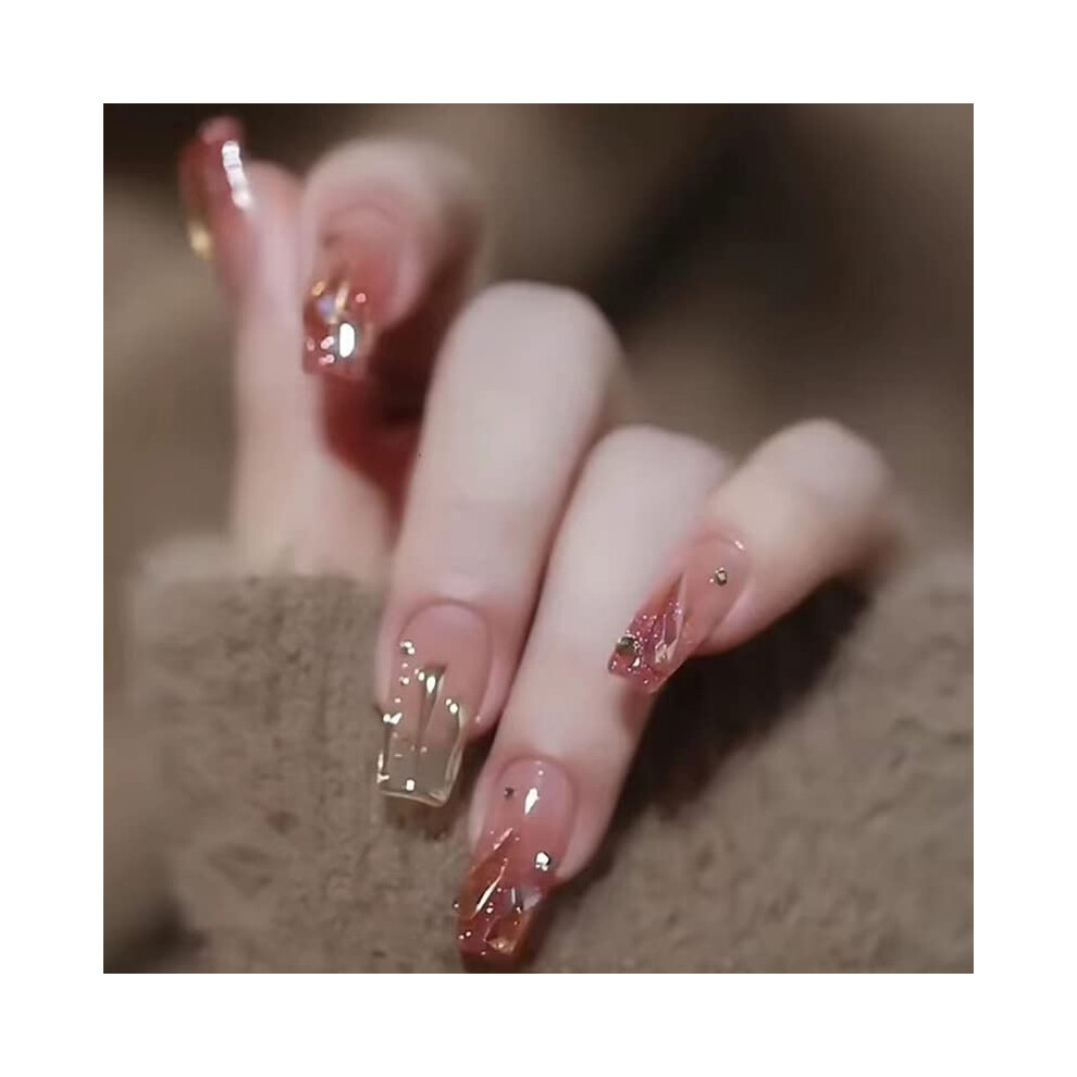 24 Pcs Medium Press on Nails with Designs, French Fake Nails for Women, Reusable Acrylic Set