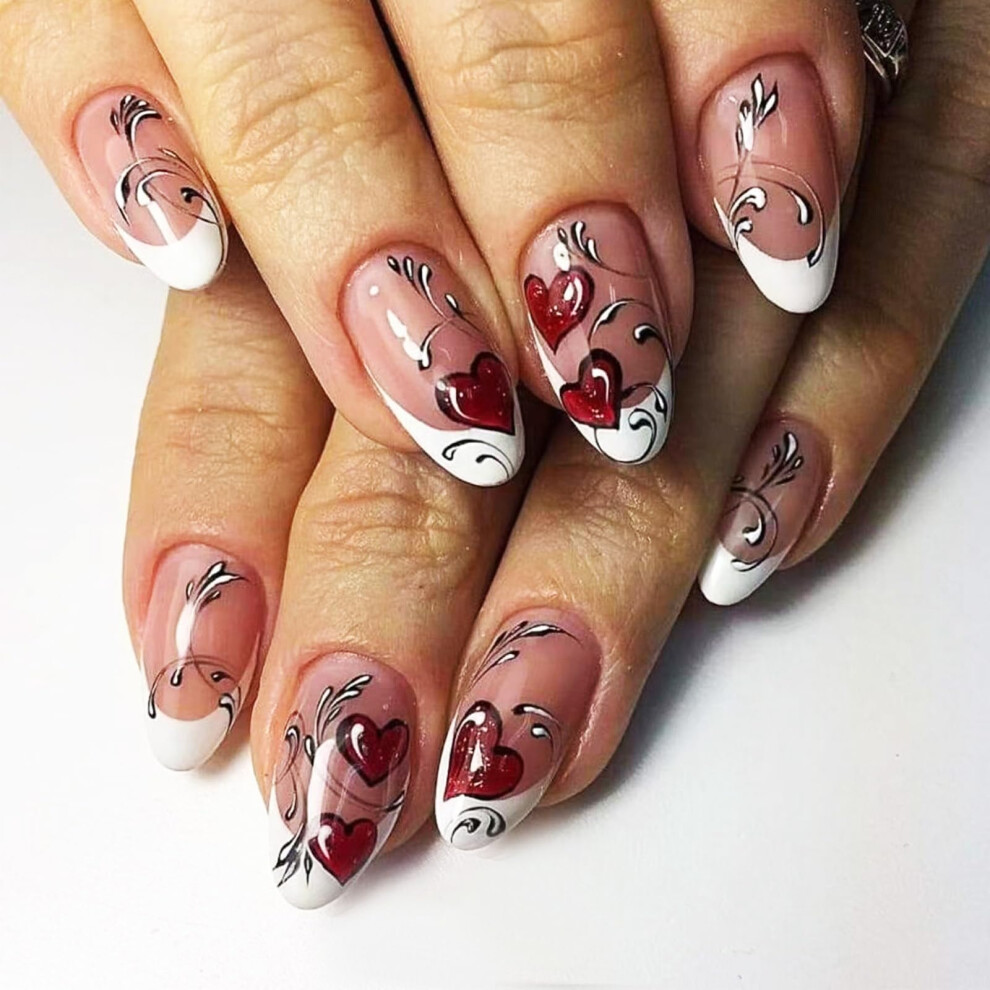 Valentine Press On Nails Red Heart Glossy French Tip Medium Oval Fake Acrylic Nails for Women 24pcs