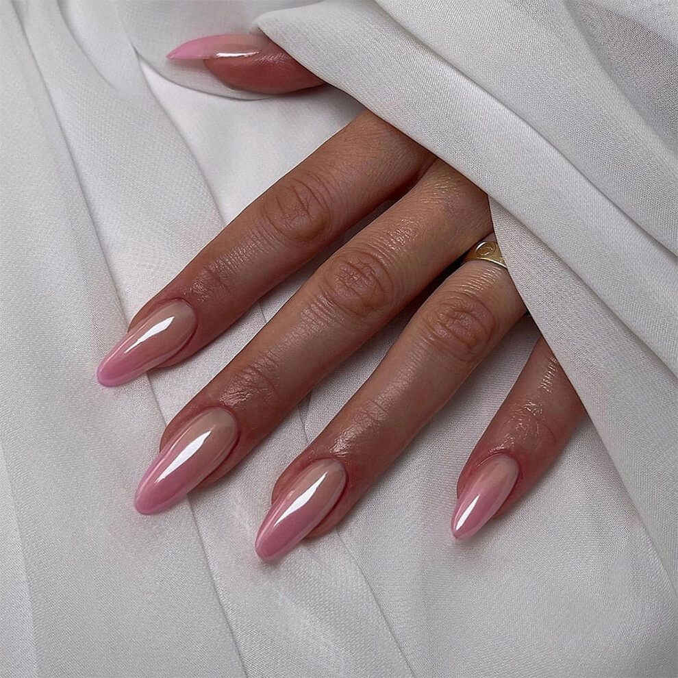 Pink Light Press On Nails 24Pcs Medium Almond False Nails With Glue, Salonquality Finish