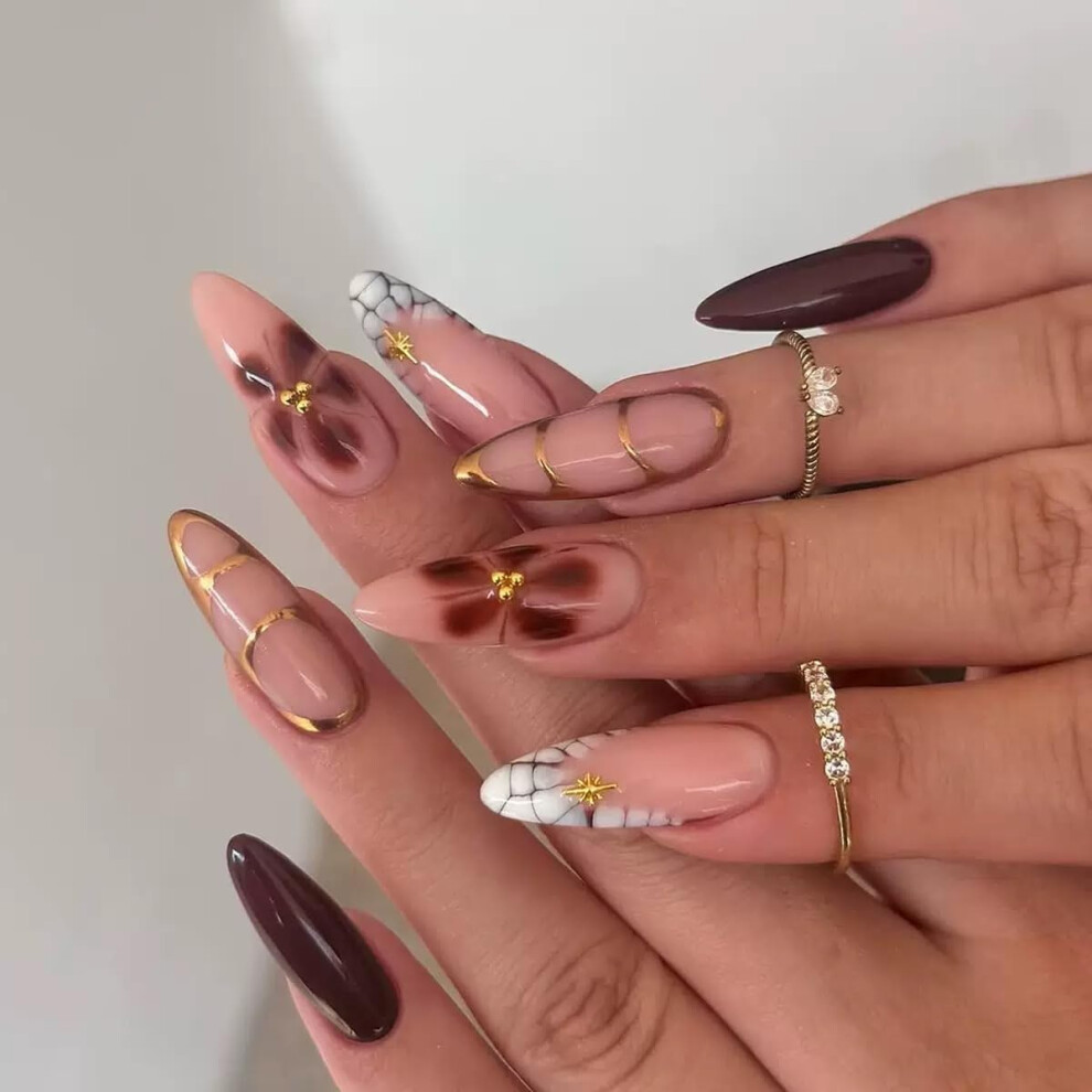 Almond Press On Nails Medium Fake Nails Brown Floral Ombre French Tip with Glue Stickers 24Pcs