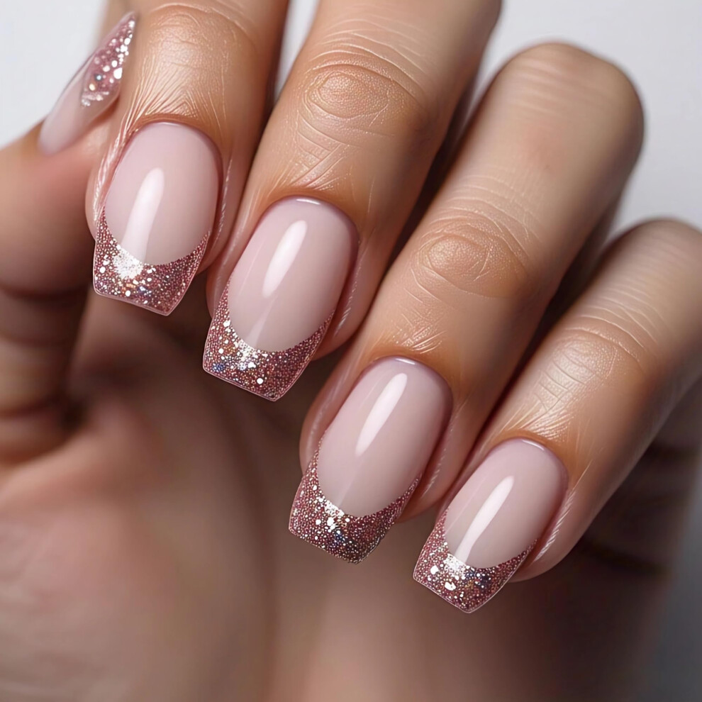 Cream Medium Coffin Press On Nails French Tip Nude Glitter Acrylic Fake Nails 24Pcs