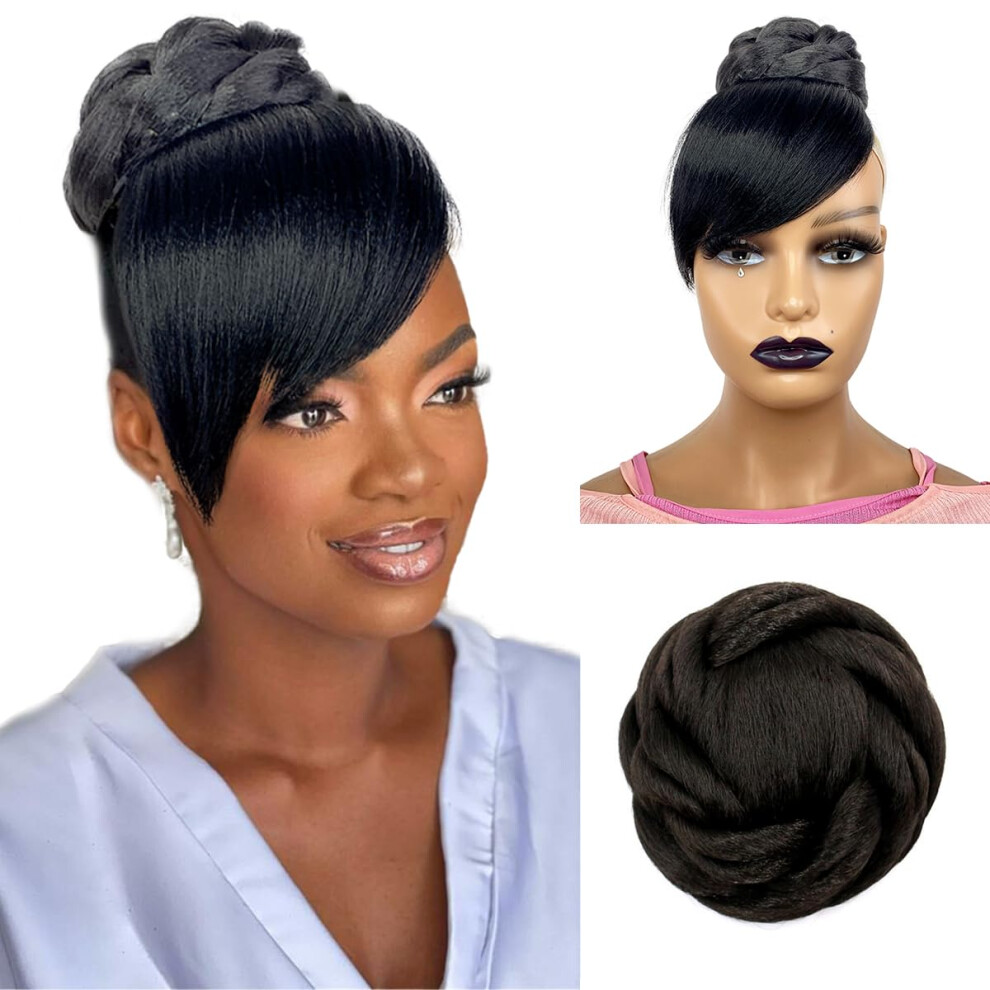 Unisex Black Synthetic Bun With Bangs Twist Braid Clip In Chignon Heat Resistant Hairpiece For Women