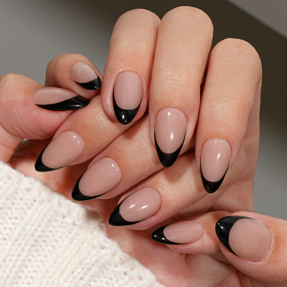 Black French Tip Press On Nails Short Almond 30Pcs Glossy Gel Fake Nails Reusable Glue On For Women