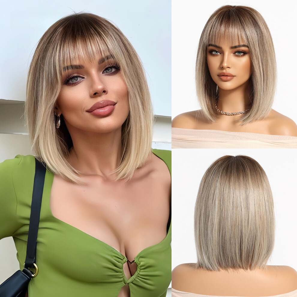Unisex Short Blonde Gradient Human Hair Bob Wig With Bangs, Heatresistant, Breathable Cap, 10 Inch