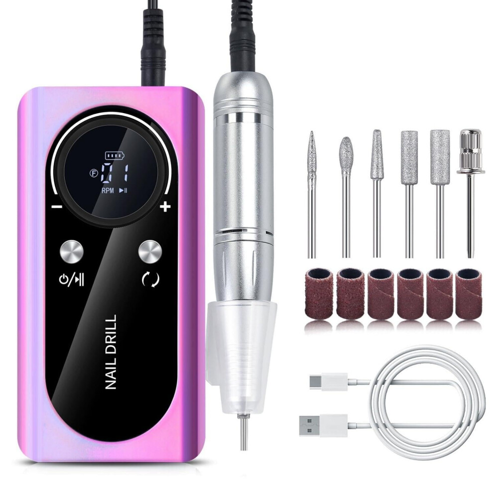 Pink Rechargeable Electric Nail Drill 45000Rpm With Lcd Screen, Cordless Professional Nail File For Acrylic And Gel Nails,
