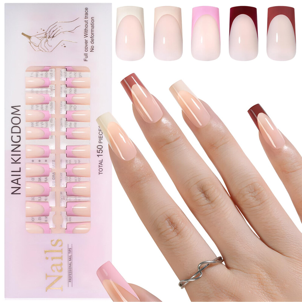 Cream Pale Nude French Tip Press On Nails, 150Pcs Long Square Fake Nails With Glue Tabs For Women