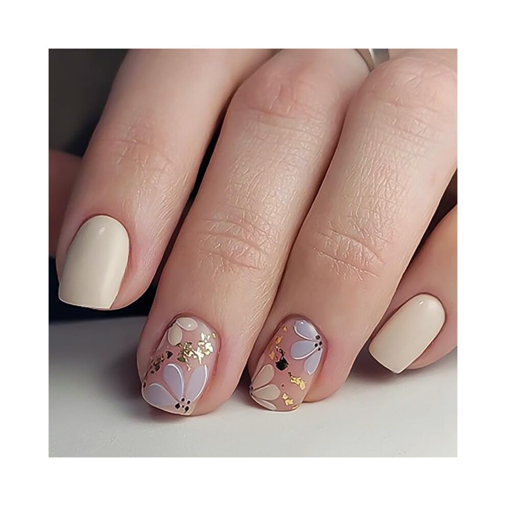 Cream,Gold Nude Floral Press On Nails With Gold Foil Accents, Handpainted Reusable Set Of 24 With Glue
