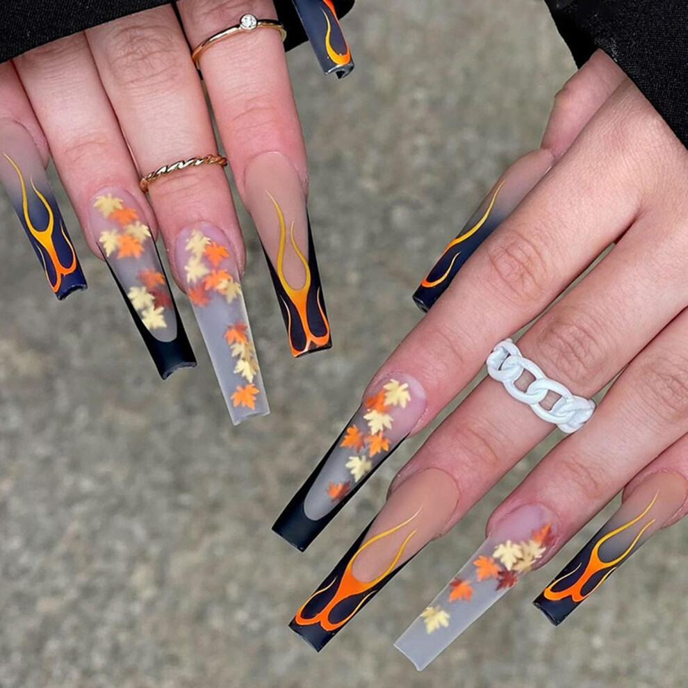 Coffin Press On Nails Autumn Maple Leaf Design Matte Black Finish 24pcs Fake Nails Set