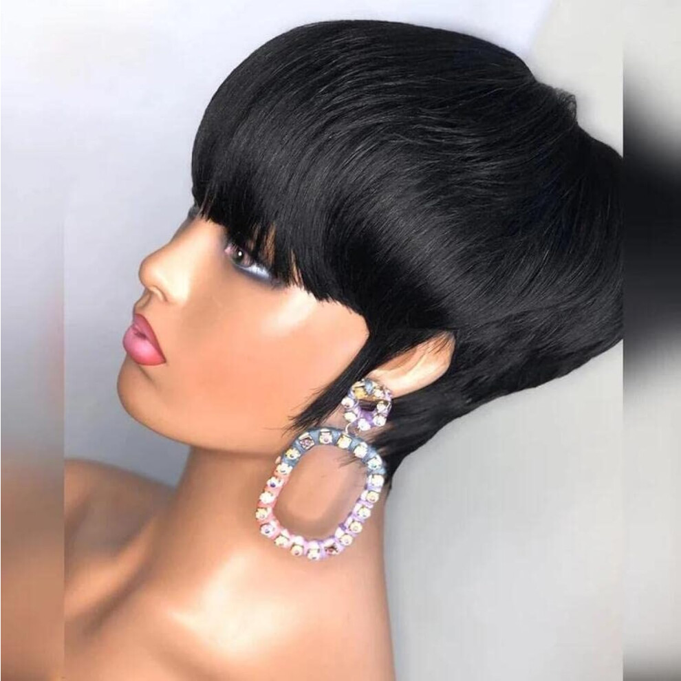 Unisex Black Pixie Cut Human Hair Wig For Women Short Curly Style With Bangs Glueless Fit Color 1B