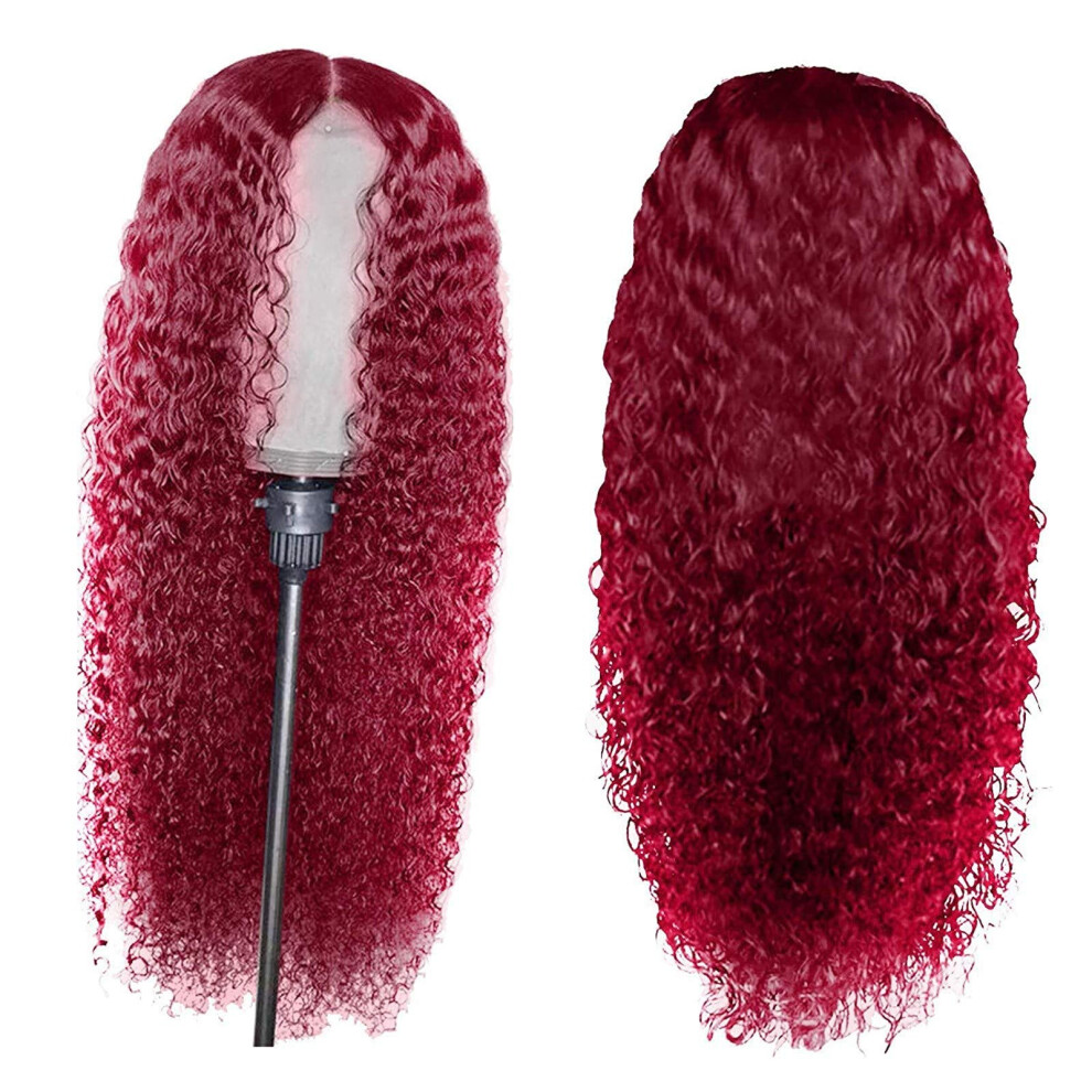 Unisex Red Lace Front Wig 24 Inch Synthetic Deep Wave Glueless Natural Hairline For Women