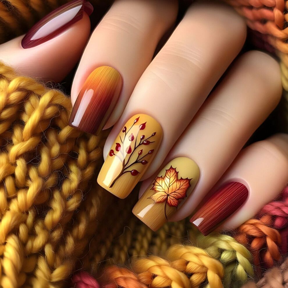 Maple Leaves Press on Nails Medium Square Fall Fake Nails Acrylic Glossy ReadytoWear Set 24Pcs