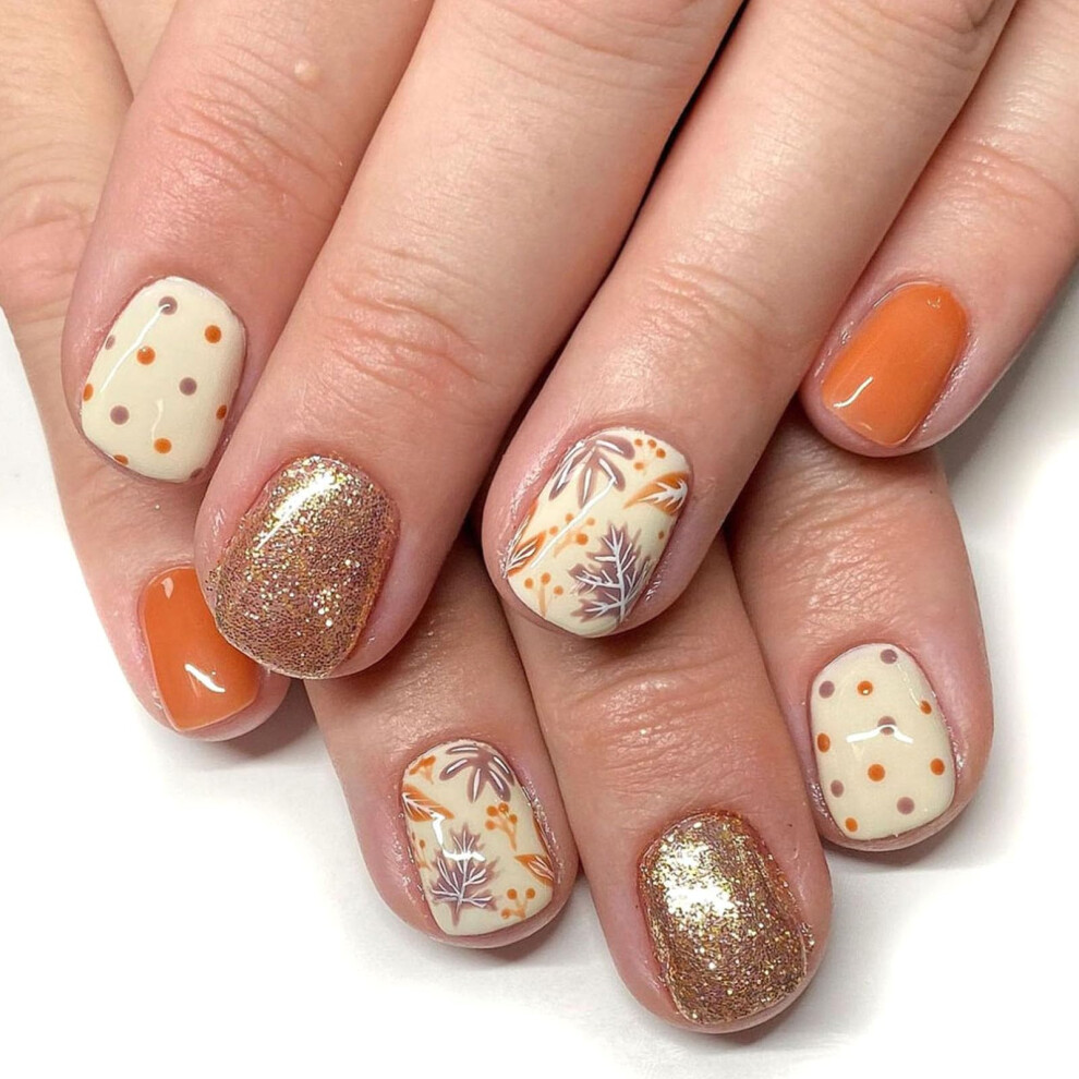 Short Square Autumn Press On Nails with Maple Leaves and Golden Glitter, 24pcs Salon Quality Set