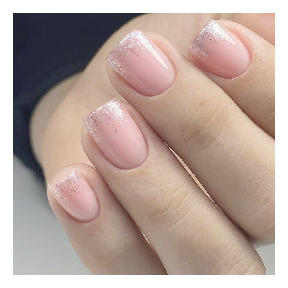 Short Press On Nails with Glitter Pink Glossy Fake Nails Set Reusable Acrylic for Women