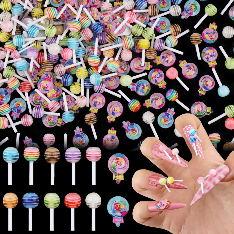 100pcs Nail Art Charms 3D Resin Lollipop Candy Decorations Kawaii Rainbow Colors for DIY Crafts