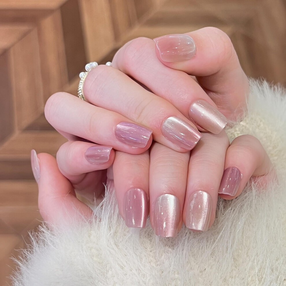 Metallic Pink Press On Nails Short Square Rose Gold Shimmer Fake Nails Reusable Nail Kit
