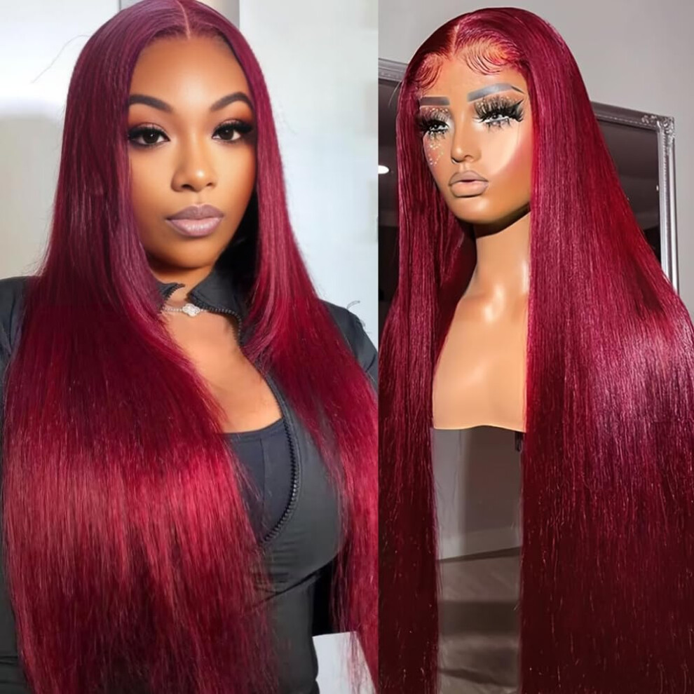 Unisex Red 28 Inch 99J Burgundy Human Hair Lace Front Wig 13X6 Straight Glueless Natural Hairline