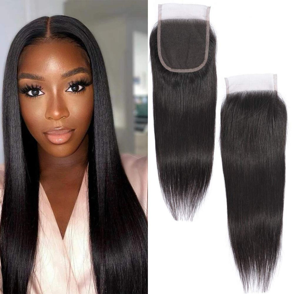 Human Hair Lace Closure 12 Inch Straight 4x4 Pre Plucked Bleached Knots Peruvian Virgin Hair