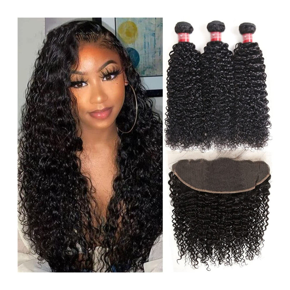 Unisex Black Brazilian Jerry Curl Human Hair Bundles With Closure 16 Inch Natural Kinky Curly Extensions