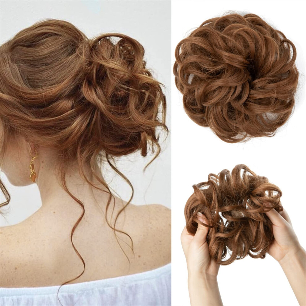 Unisex Red Synthetic Hair Bun Copper Auburn Messy Curly Hairpiece With Elastic Band For Instant Volume Boost