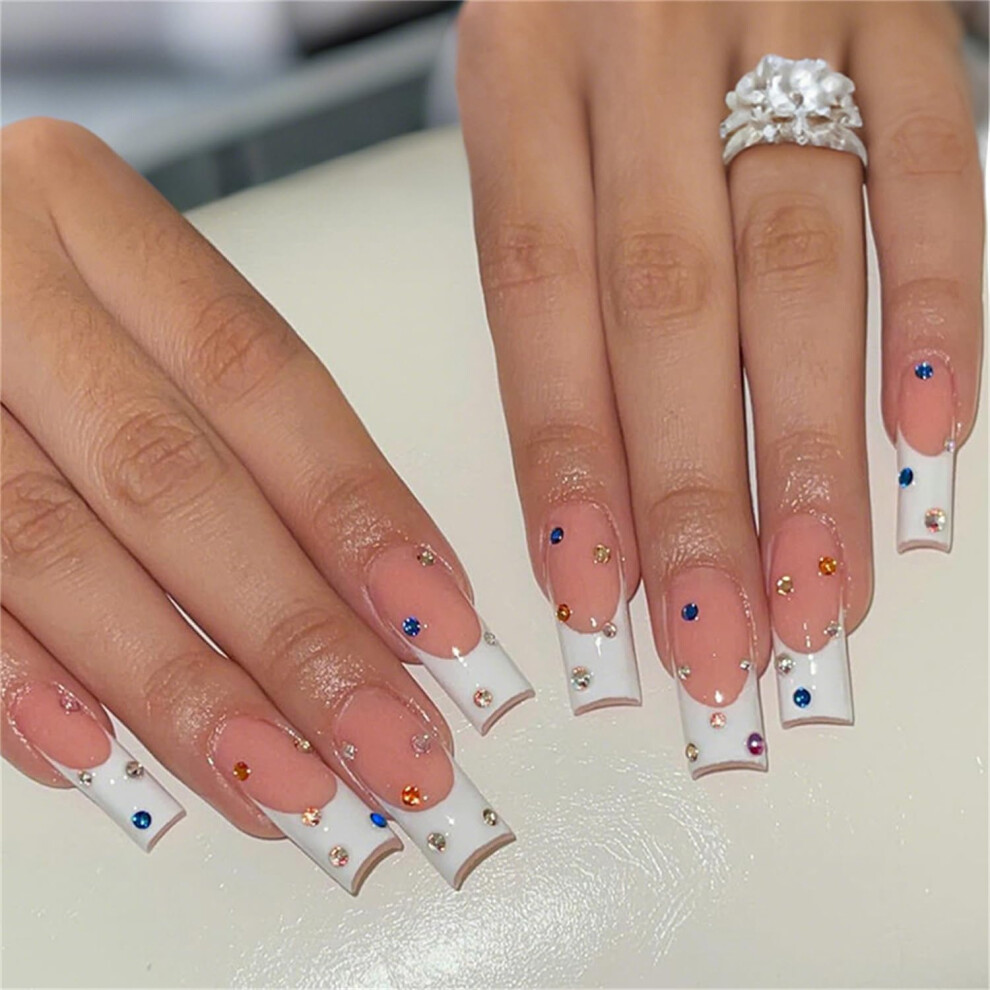 Long Square Press On Nails with Rhinestones French Manicure 24pcs Durable Fake Nail Set for Women
