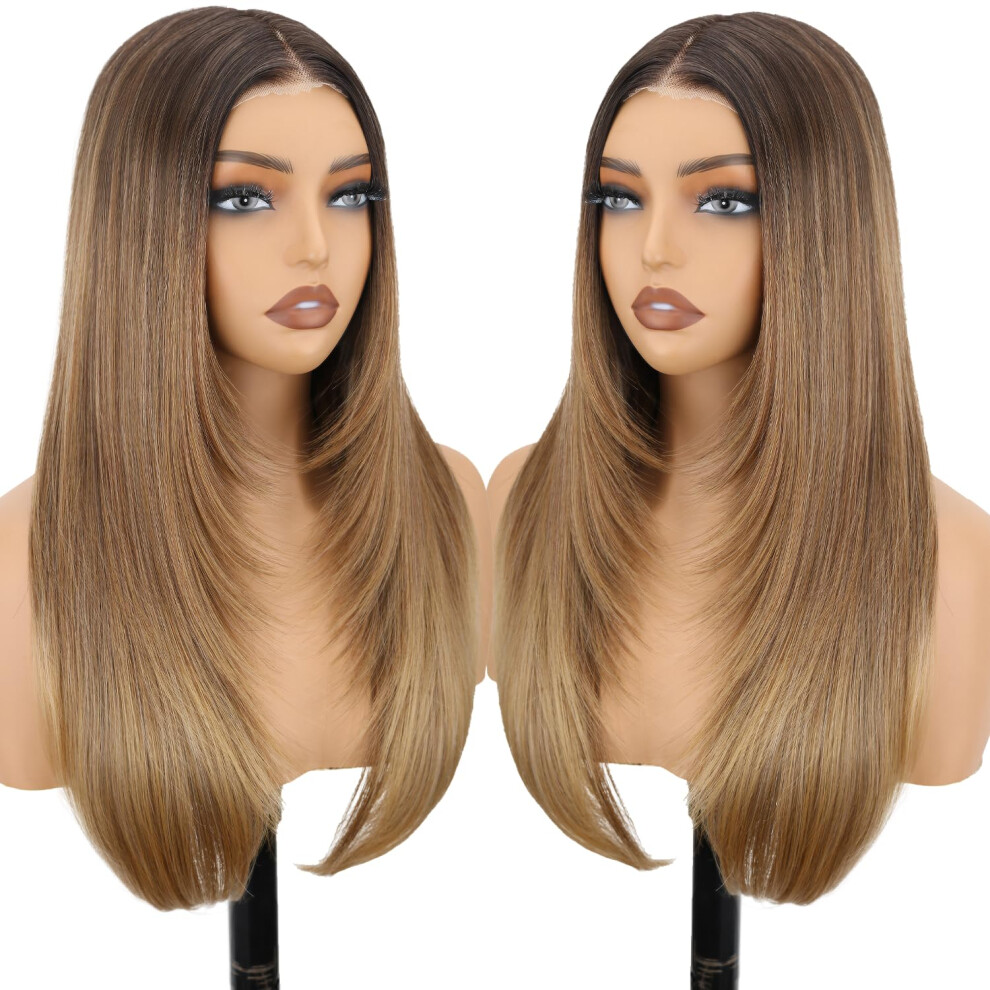 Unisex Brown 24 Inch Blonde Highlight Synthetic Lace Front Wig For Women, Glueless Heatresistant Fiber
