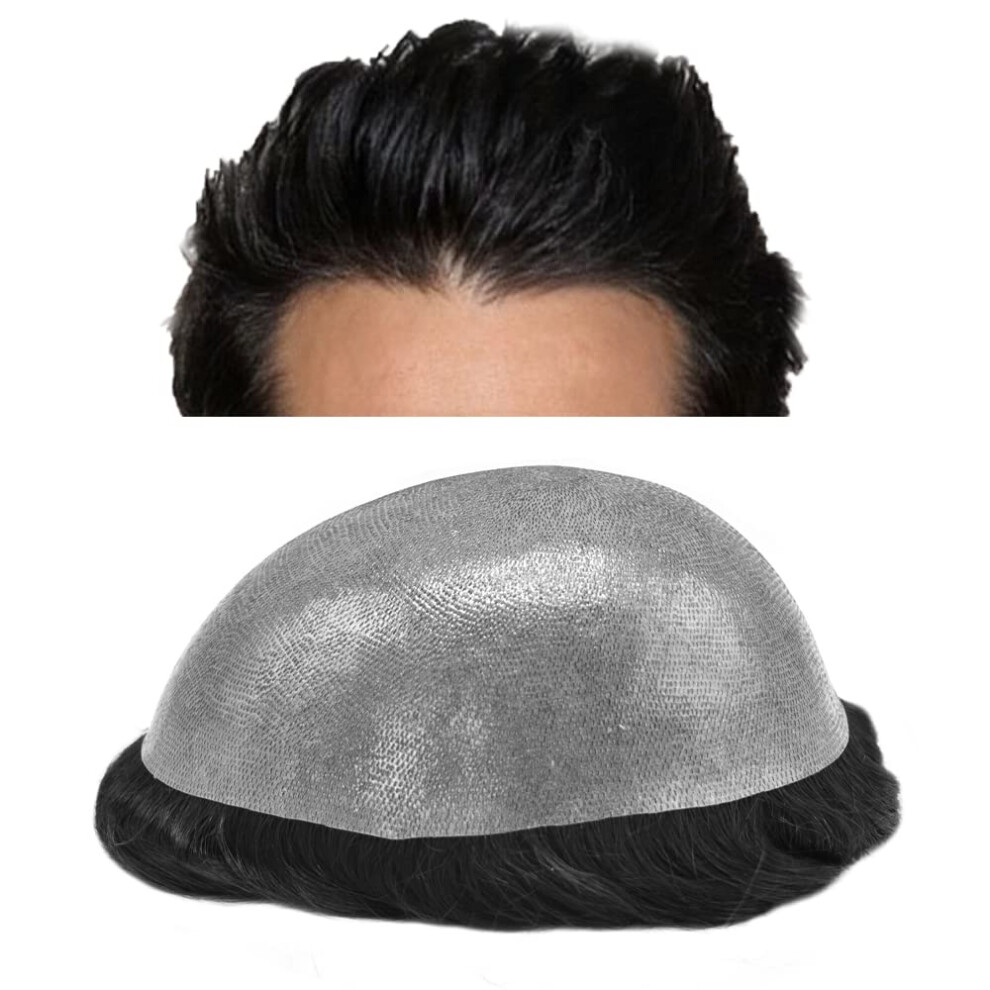 Unisex Black Men's Toupee Hair Replacement System 100% Human Hair Jet Poly Skin Base 8X10 Natural Hairline