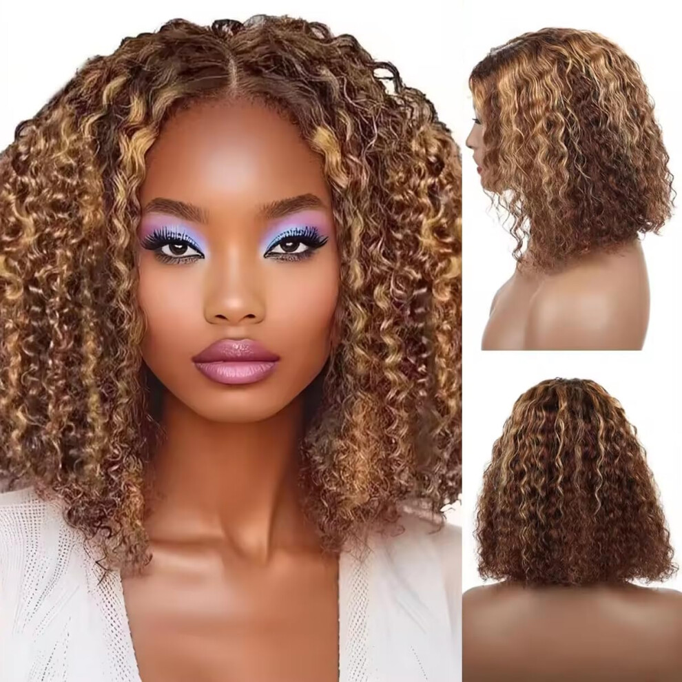 Unisex 16 Inch Ombre Bob Wig Human Hair 4/27 Highlight Curly Lace Front With Preplucked Hairline Hd Lace