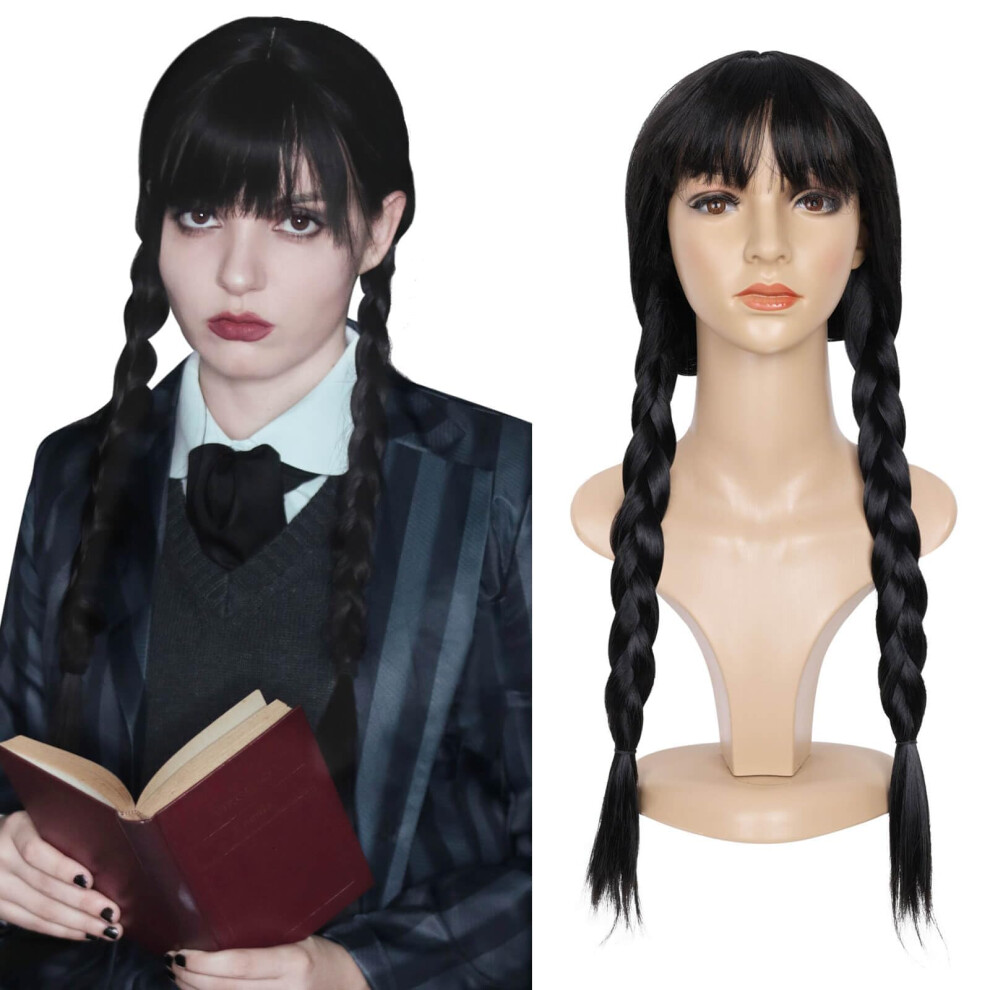 Unisex Black Short Braided Cosplay Wig With Bangs Synthetic Hair Lightweight Easy Wear
