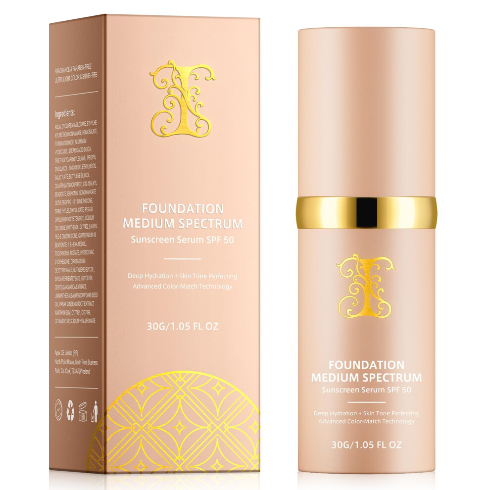SPF 50 Waterproof Liquid Foundation, Hydrating Longwear 4in1 Full Coverage Color Changing 30ml