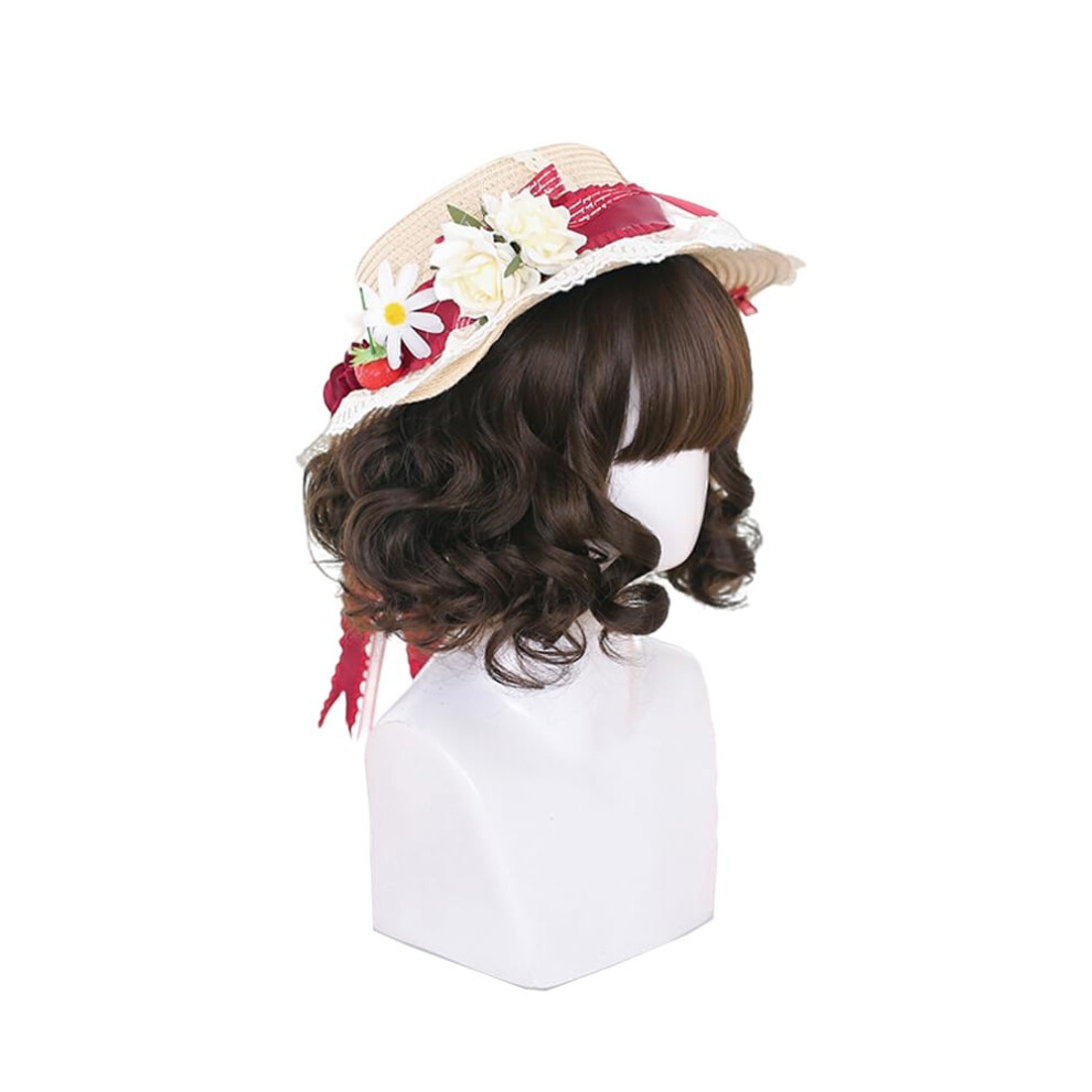 Unisex Brown Short Curly Wig With Bangs Heat Resistant Synthetic Hair For Women Cosplay
