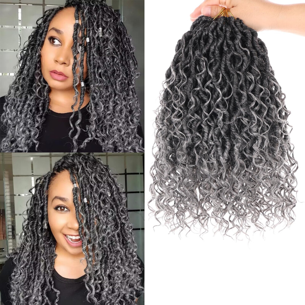 Unisex 12 Inch Goddess Locs Crochet Braids, Prelooped Bohemian Locs Hair Extensions With Curly Ends, Tgrey