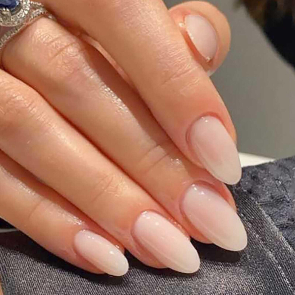 Cream Short Almond Press On Nails Nude Glossy Fake Nails Set With Adhesive For Women 24Pcs