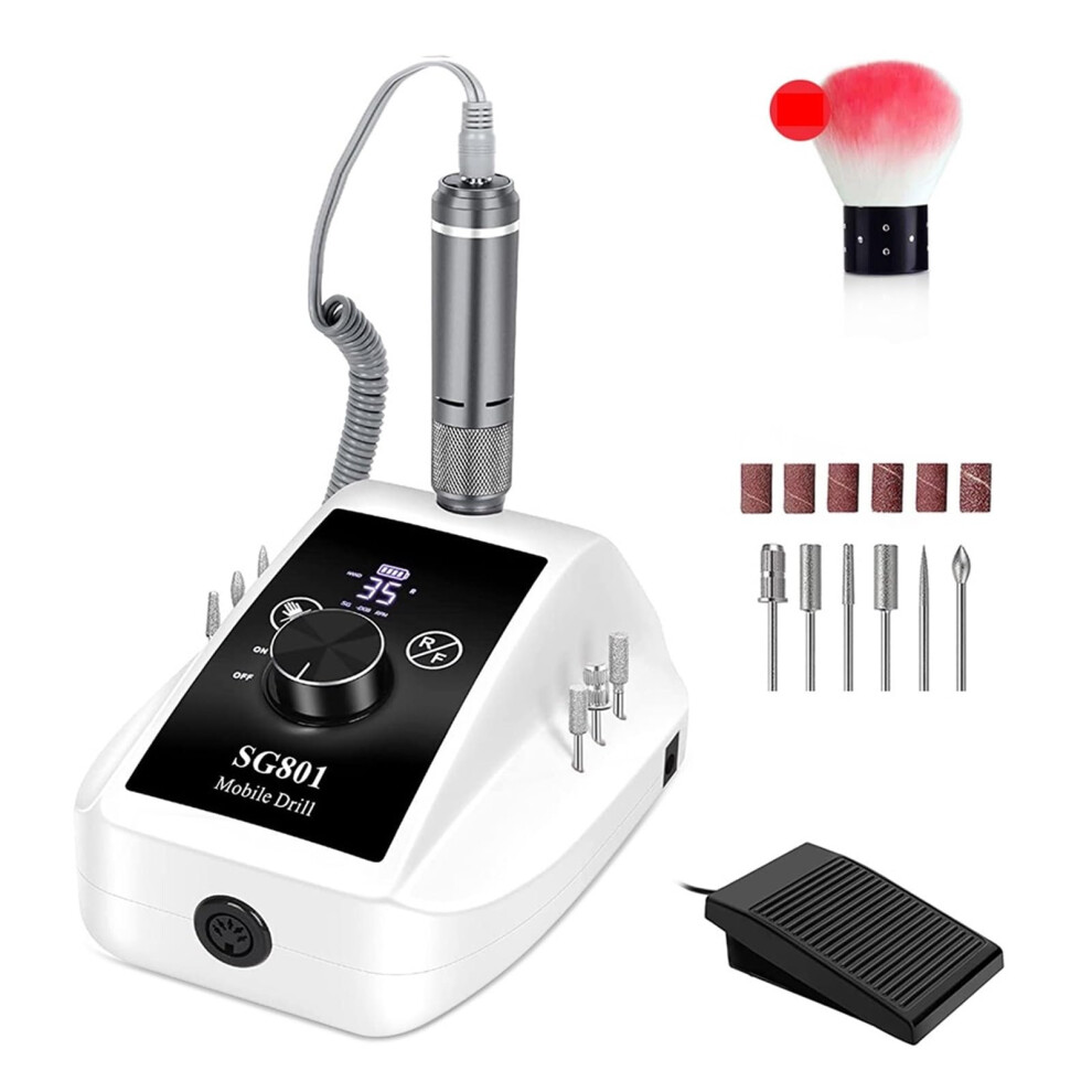 Professional Nail Drill 35000RPM Rechargeable Cordless Electric Nail File with Bits and Foot Pedal for Salon or Home Use