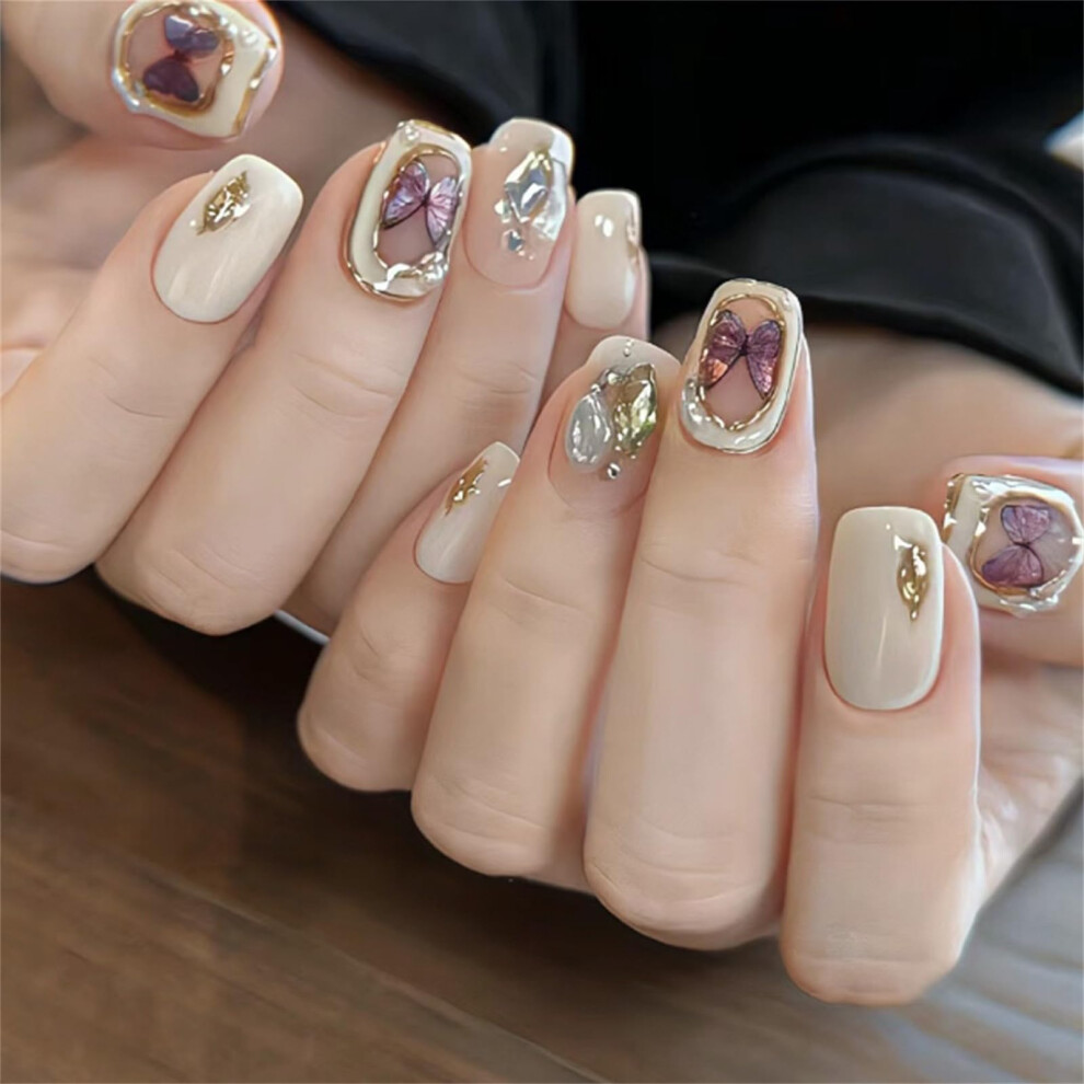 Short Coffin Press on Nails Aurora Butterfly Glitter French Manicure Salon Quality 10PCS (B5XS)