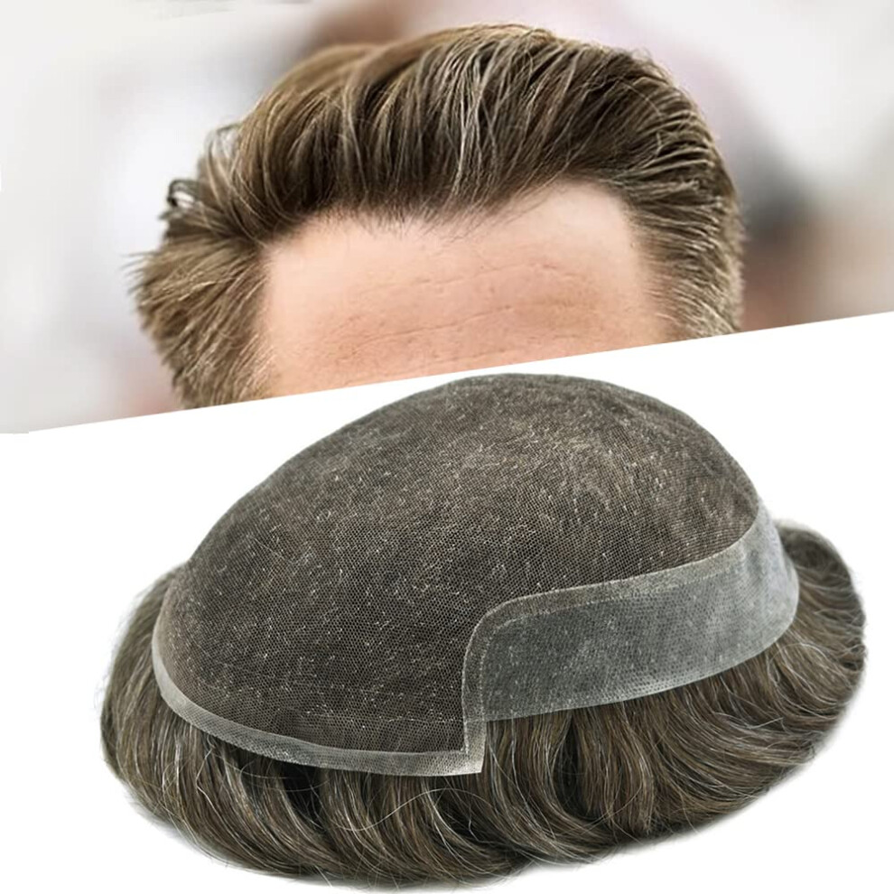 Unisex Brown,Grey Men's Toupee Human Hair Hairpiece French Lace Bleached Knots 7X9 Medium Brown Grey 100% Density