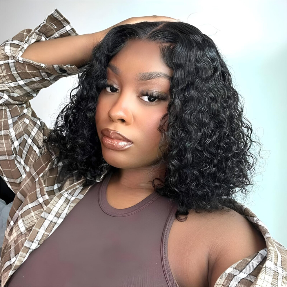 Unisex Black 14 Inch 13X4 Deep Wave Human Hair Lace Front Wig Pre Plucked Curly Bob With Natural Hairline