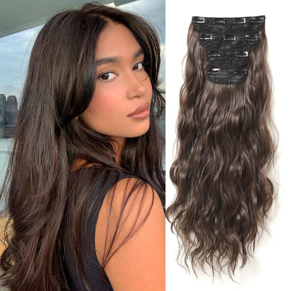22 Inch Dark Brown Wavy Clip in Hair Extensions for Women Seamless Natural Look Synthetic