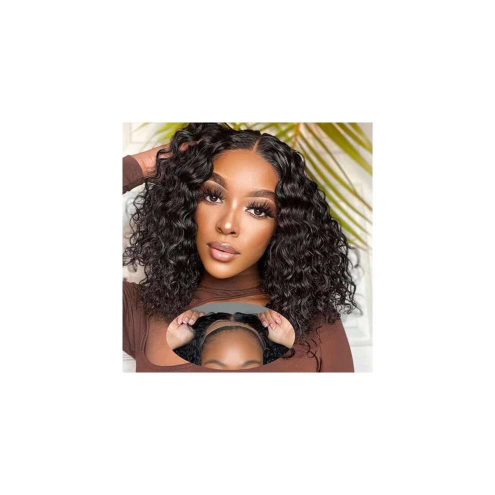 Unisex Black Glueless Short Curly Bob Human Hair Wig 4X4 Lace Closure Deep Wave Pre Plucked 10 Inch For Women