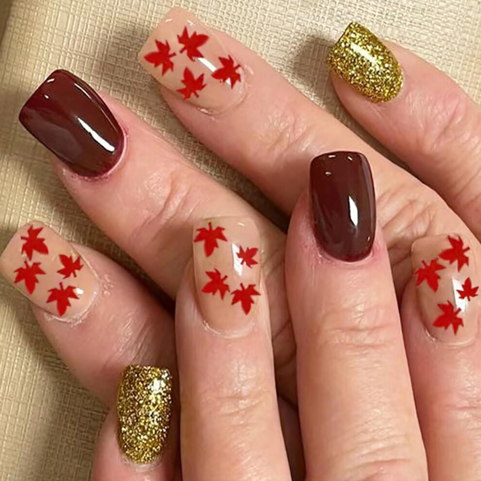 Fall Maple Leaf Press On Nails Set Short Square Fake Nails with Gold Glitter Autumn Design 24pcs