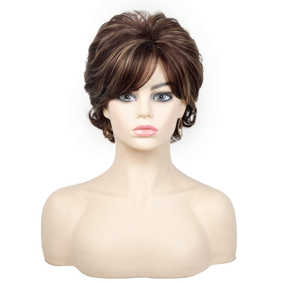 Short Brown Curly Synthetic Wig for Women with Blonde Highlights, Natural Layered Look, Adjustable Fit