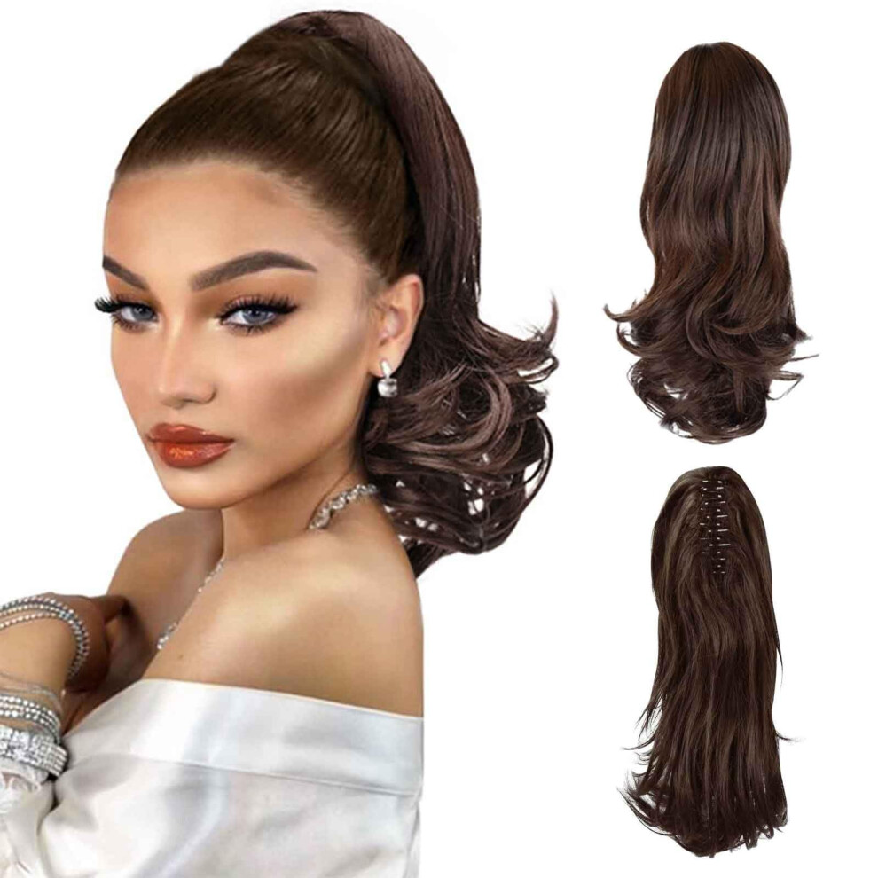 Unisex Brown Curly Ponytail Extension With Jaw Clip, 40Cm Long Wavy Synthetic Hairpiece For Women