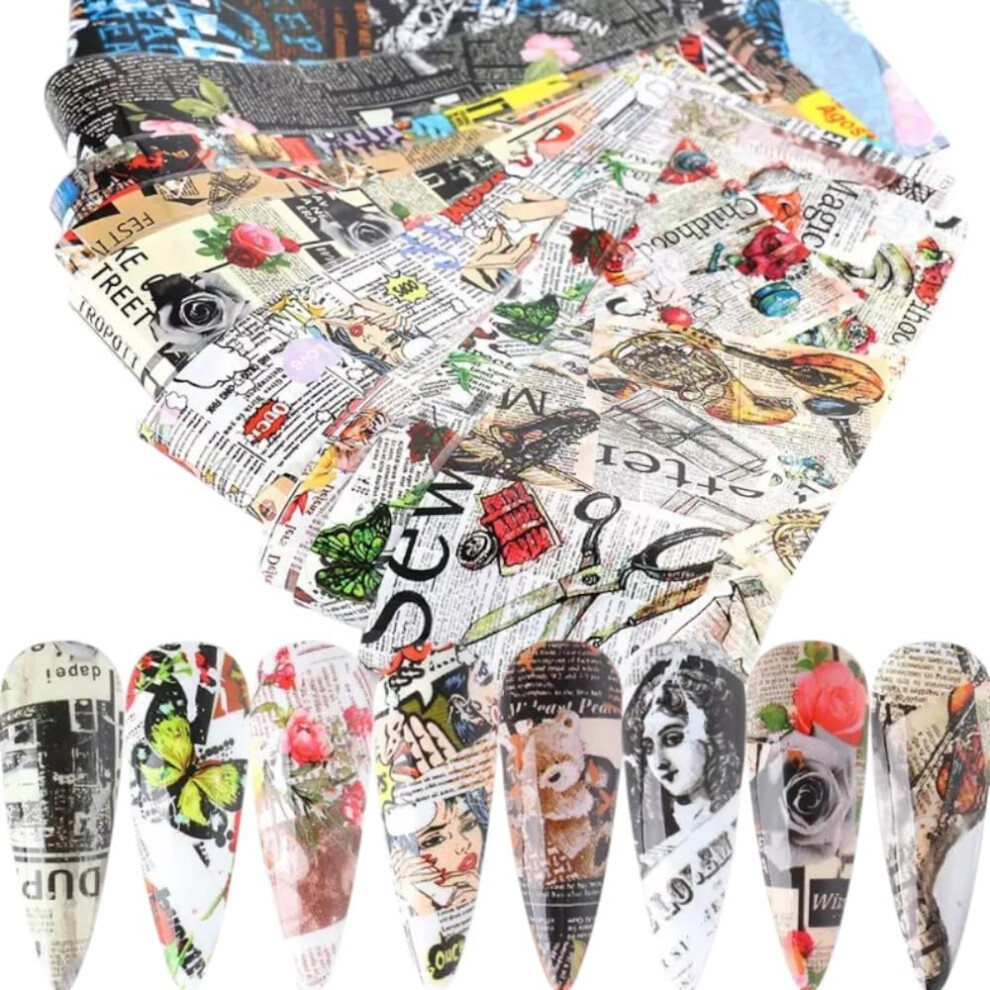 10Pcs Rose Newspaper Nail Art Foil Stickers Vintage Floral Transfer Foils for Manicure
