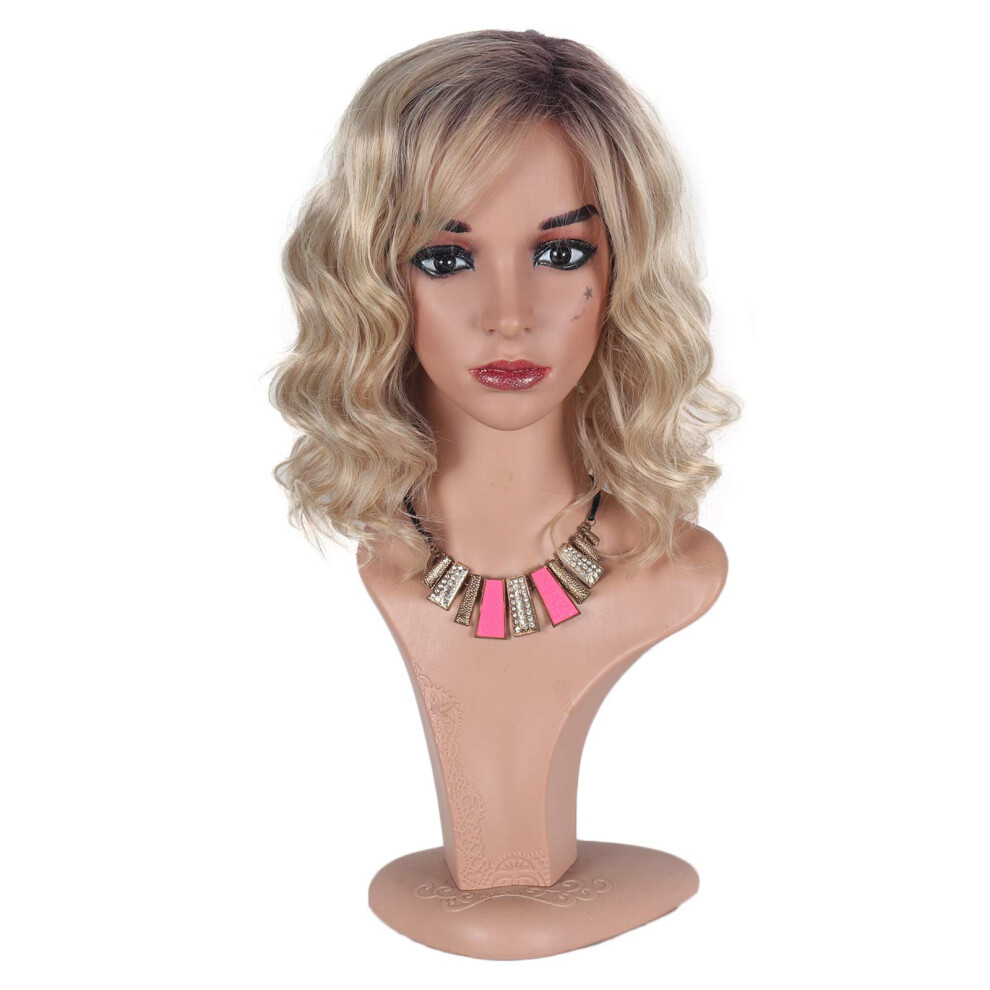 Blonde Bob Wig Ombre Wavy 14 Inch Short Curly Synthetic Hair for Black Women with Gradient Color