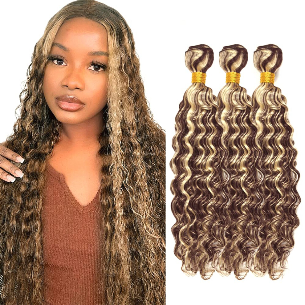 Unisex P4/613 Two Tone Brazilian Virgin Deep Wave Hair Bundles With Blonde Highlights 1216 Inch
